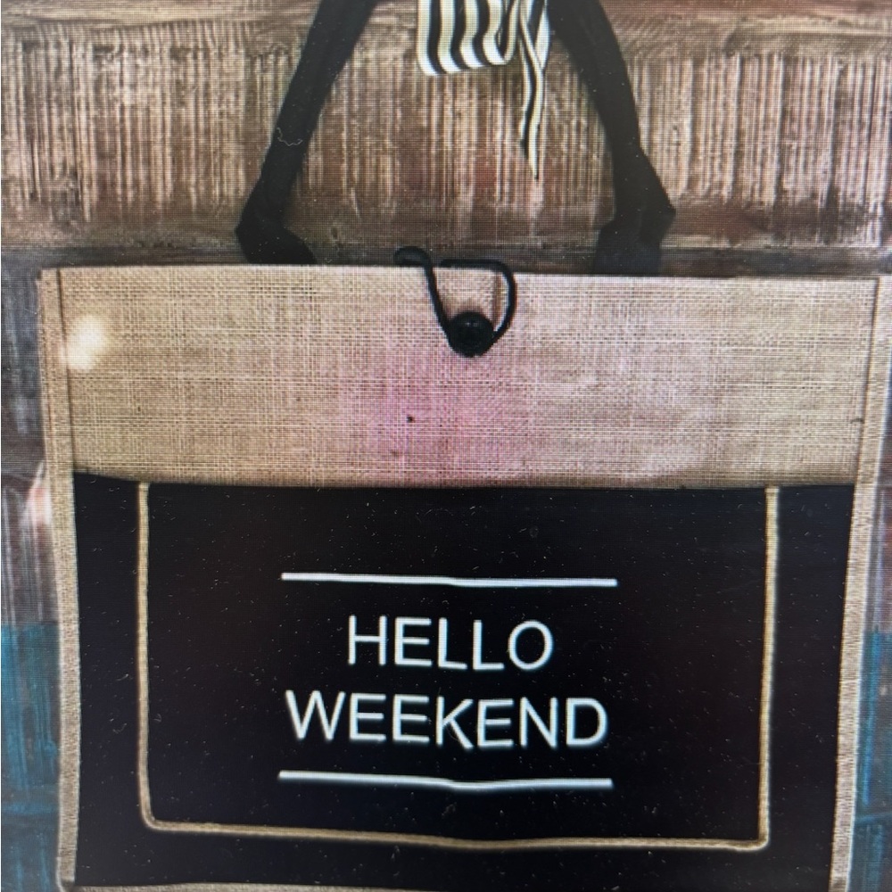 Hello Weekend Burlap Tote Bag with Black Pocket - Picture 3 of 9